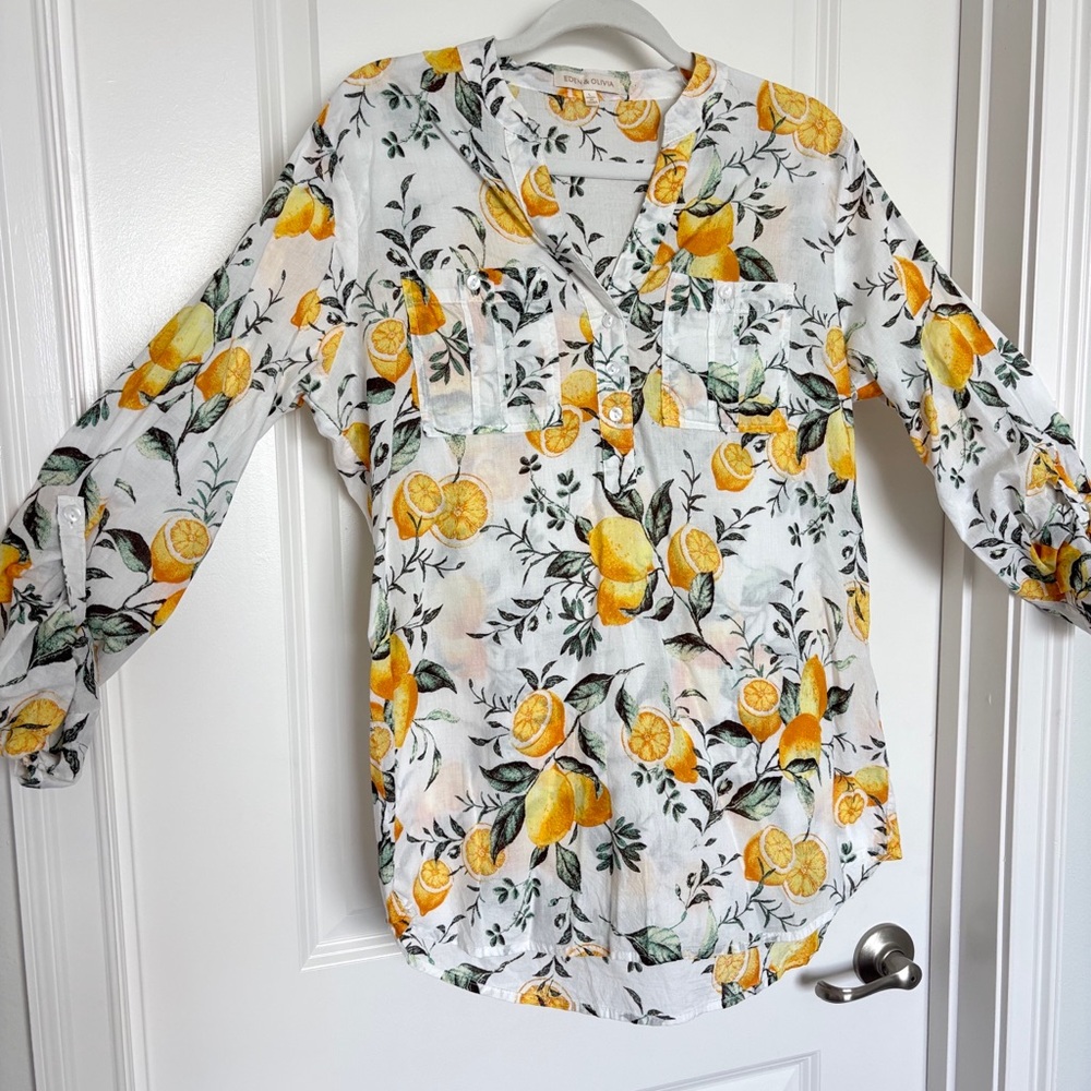 Eden & Olivia 100% Cotton Lemon Print Blouse L Citrus Garden Cottagecore